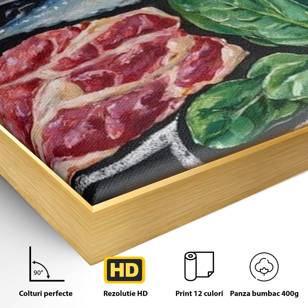 Detaliu al suprafetei: pictura cu alimente variate pe fundal negru, in rama de aluminiu auriu